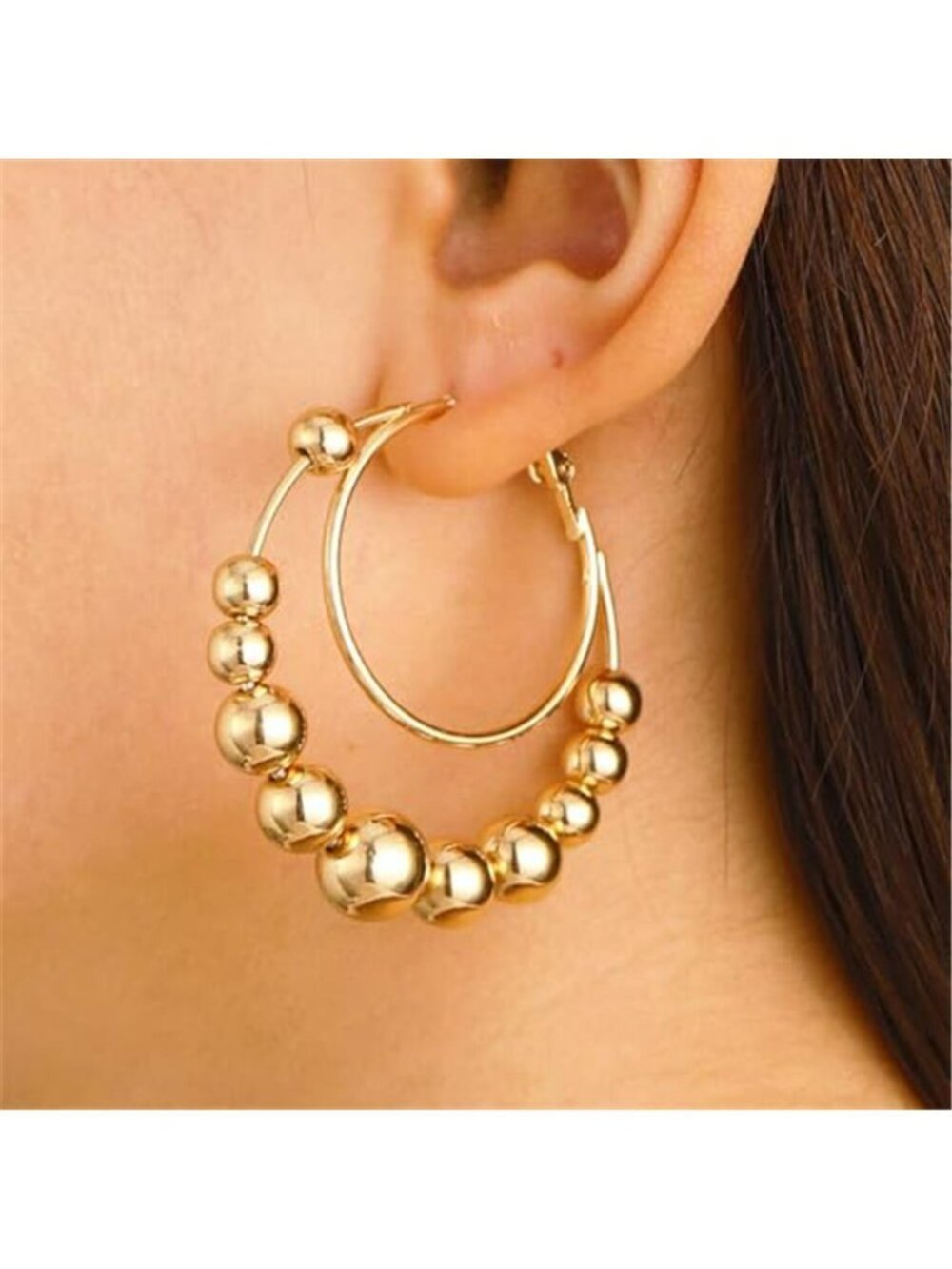 Trendy Gold Big Beaded Hoop Earrings Dainty Double Loop Silver Ball Bead Dangle